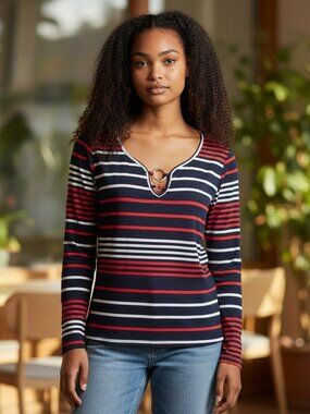 New Naif Petite Womens PM Striped 3/4 Roll Tab Sleeve Pullover Blouse Shirt Top